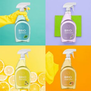 Four bottles of Briotech cleaning products photographed in colored squares