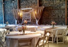 while tables and shares with soft light and flowers at an event space