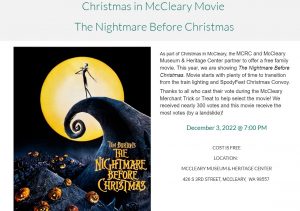 McCleary -  Christmas in McCleary Free Movie - The Nightmare Before Christmas @ McCleary Museum & Heritage Center
