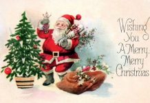 Santa Claus puts toys under a candle-lit tree in this circa 1911 photocard.