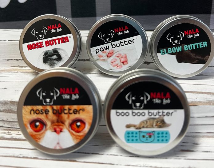 Nala the Lab Pampered Pets butters in their round containers