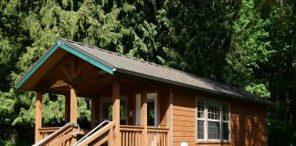 wooden log cabin with a green roof in among the trees