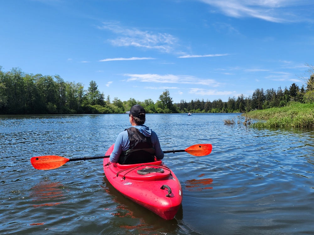 a kayaker in a red kayak on the Chehalis River