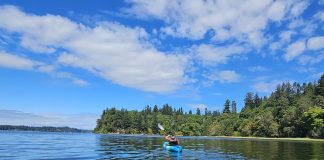 kayaker in the water paddling to Squaxin Park