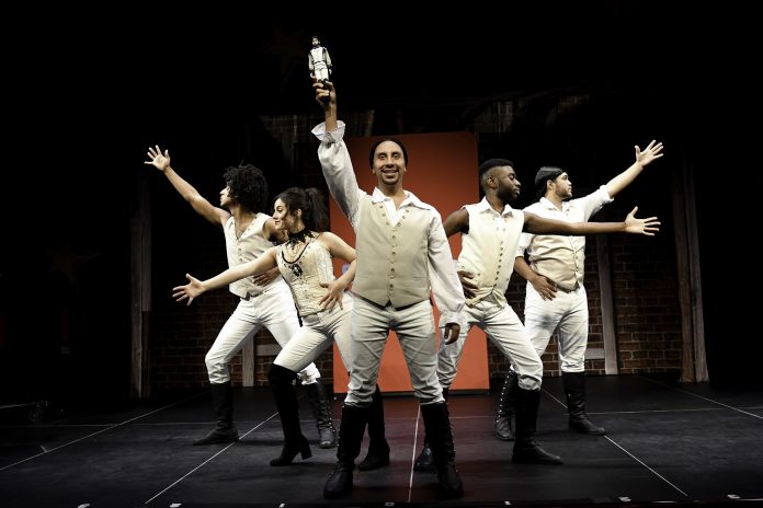 Washington Center 2024-2025 season-Spamilton-Credit Ron Elkman cast of Spamilton in old army uniforms on stage