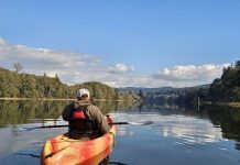 a man in an orange kayak in the Chehalis River