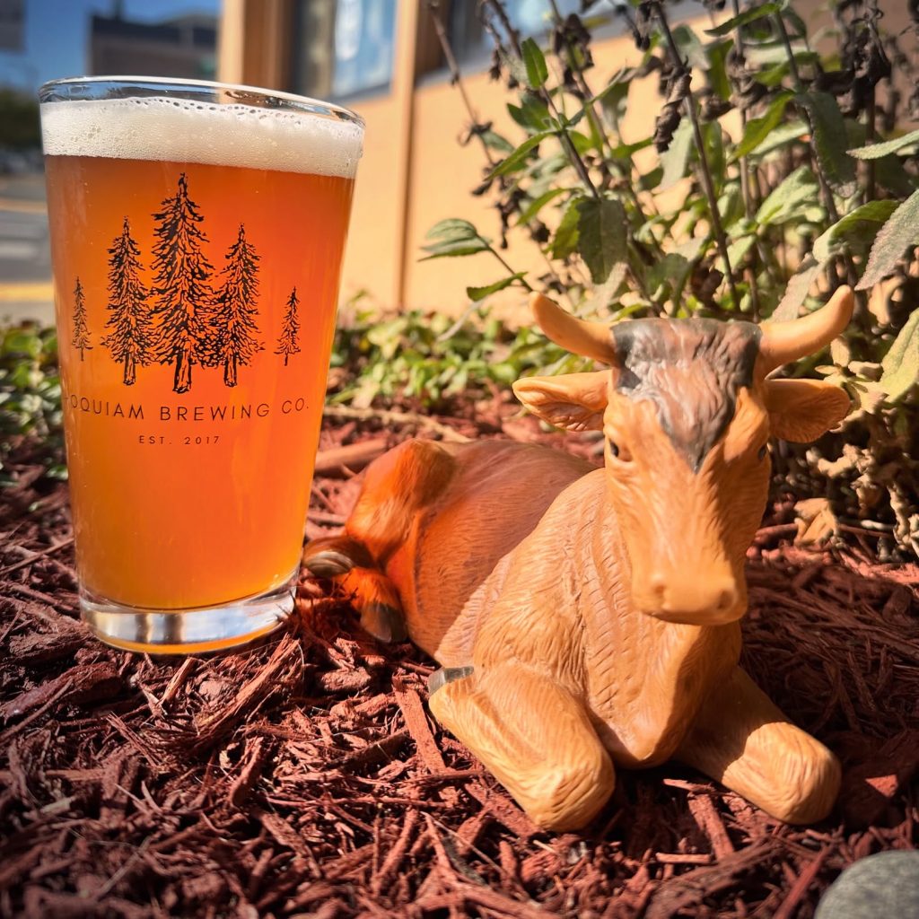 a class of beer next to a plastic cow lying down in some bark mulch